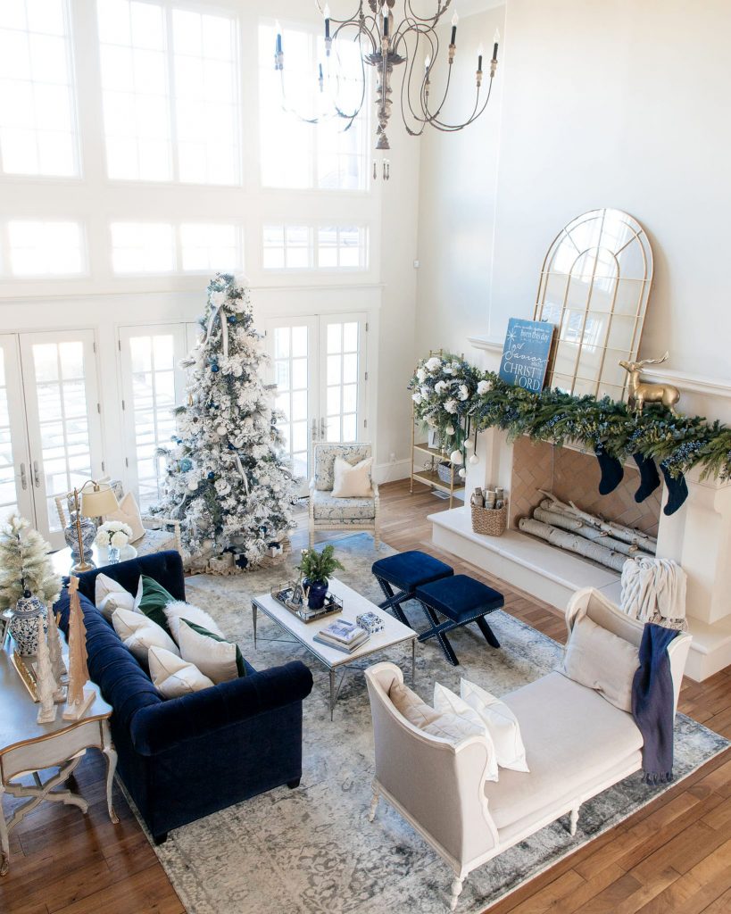 Top view of large white living room with simple christmas decor