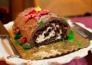 Pic of a yule log with a tick chocolate frosting