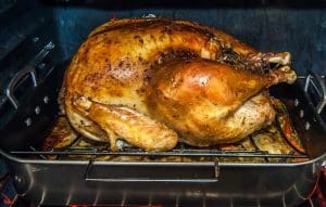A brined turkey in an oven